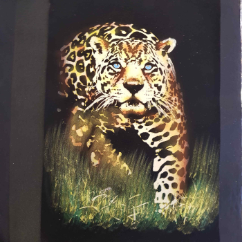 beeindruckender Leopard auf Beutejagt, auf Samt gemalt  ca.  30 cm x 42 c m