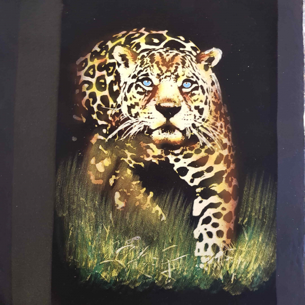 beeindruckender Leopard auf Beutejagt, auf Samt gemalt  ca.  30 cm x 42 c m